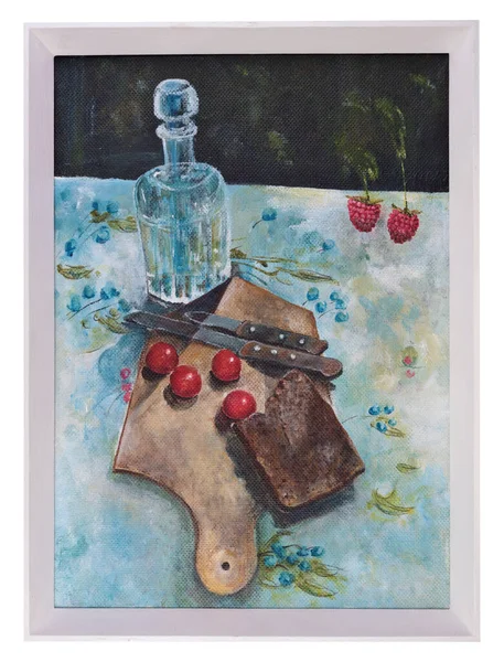 Nature Morte Rustique Avec Tomates Vodka Couteaux Peints Sur Toile — Photo