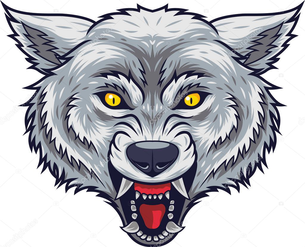 Angry wolf head mascot with open mouth