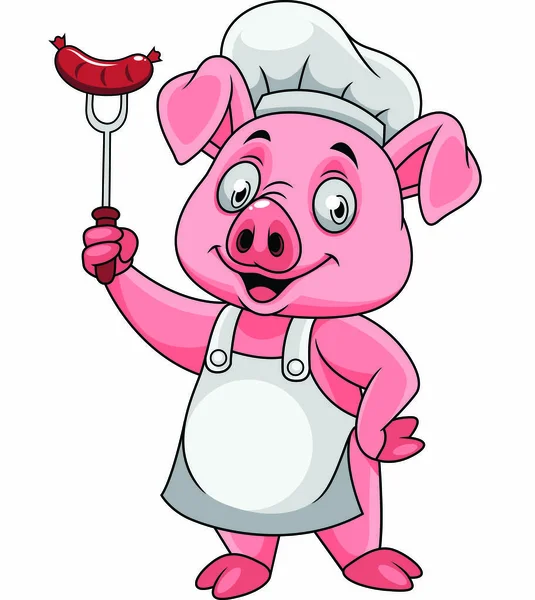 Desenhos Animados Chef Porco Feliz Segurando Uma Salsicha Garfo — Vetor de Stock