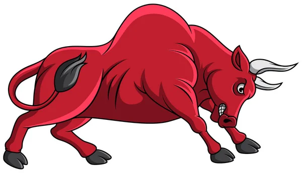 Cartone Animato Toro Rosso Attacco Sfondo Bianco — Vettoriale Stock