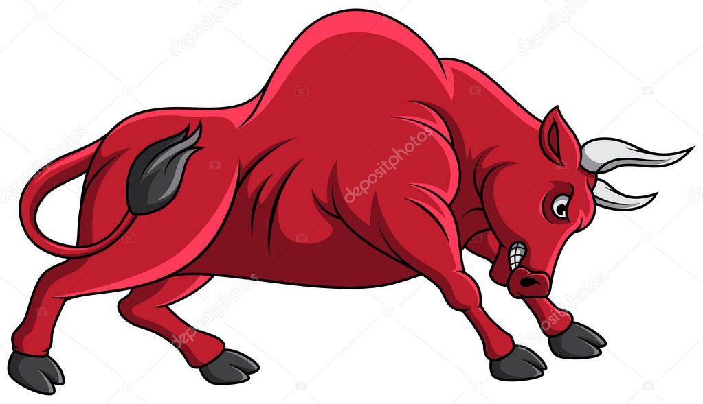 Cartoon red bull attack on white background