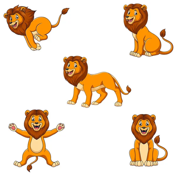 Dibujos Animados Lindo León Conjunto Con Diferente Pose — Vector de stock