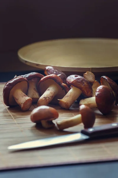 yenilebilir mantar ahşap bir masaya sabah pencereden ışık yalan