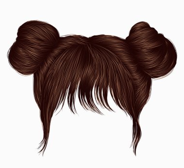 two buns  hairs with fringe brunette brown  dark colors . colors . women fashion beauty style .  clipart