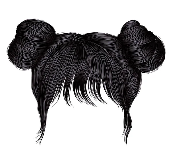 Two Buns Hairs Fringe Brunette Black Dark Colors — Stock Vector