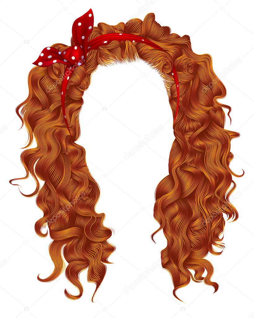 long curly hairs with red bow.   ginger redhead  colors  .  beauty fashion style . wig .