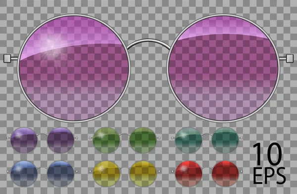 Set glasses.teashades runde shape.transparent andere Farbe .rosa blau lila gelb rot grün.sunglasses.3d graphics.unisex Frauen Männer. — Stockvektor