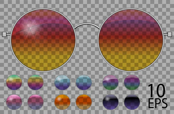 Set glasses.teashades runde shape.transparent andere Farbe .rainbow Chamäleon rosa blau lila gelb rot grün orange black.sunglasses.3d graphics.unisex Frauen Männer. — Stockvektor