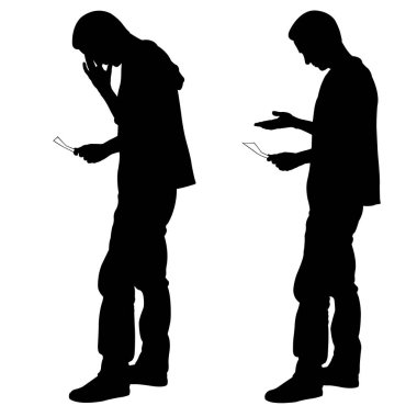 Siluetleri kağıt okuyan kişiler ile izole üzerinde beyaz endişeli 