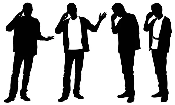 Silhouettes Hommes Parlant Téléphone Isolé Sur Blanc — Image vectorielle