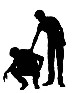 Adam conforting Silhouettea başka bir adam üzerine beyaz izole.