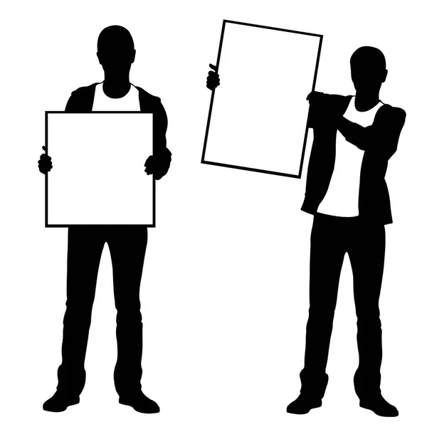 Silhouettes Hommes Tenant Des Panneaux Isolés Sur Blanc — Image vectorielle