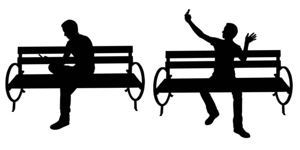 Silhouettes People Benches Phone — Stock Vector