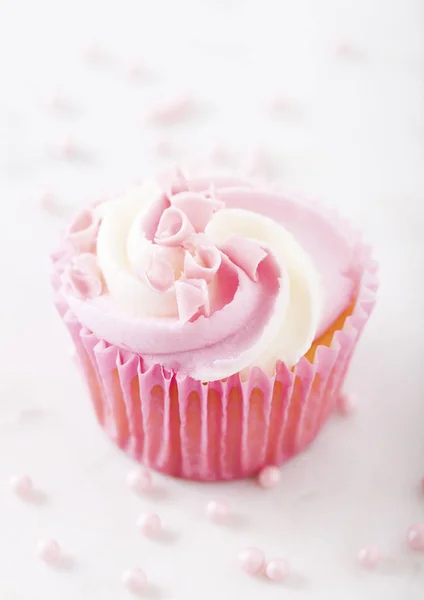 Cupcake Muffin Raspberry Cream Dessert Marble Background Pink Candies — Stock Photo, Image