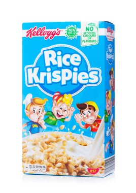Londra, İngiltere - 01 Haziran 2018: Kutu Kellogg's Rice Krispies kahvaltı gevreği beyaz arka plan üzerinde.