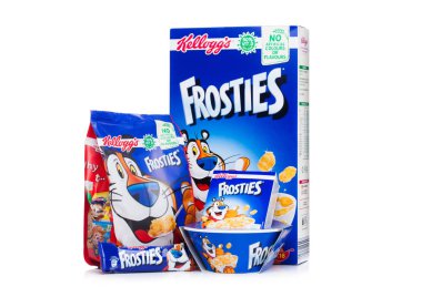 Londra, İngiltere - 01 Haziran 2018: Kutu ve Kellogg's Frosties kahvaltılık gevrek orijinal plaka ile sürüsü, Frosties şeker kaplı Mısır gevreği yapılan bir popüler kahvaltı gevreği vardır.