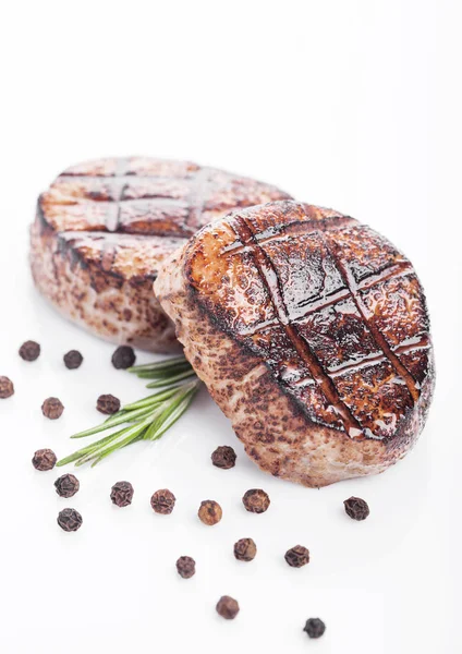 Tranches Steak Porc Bœuf Juteux Grillé Sur Fond Blanc Avec — Photo