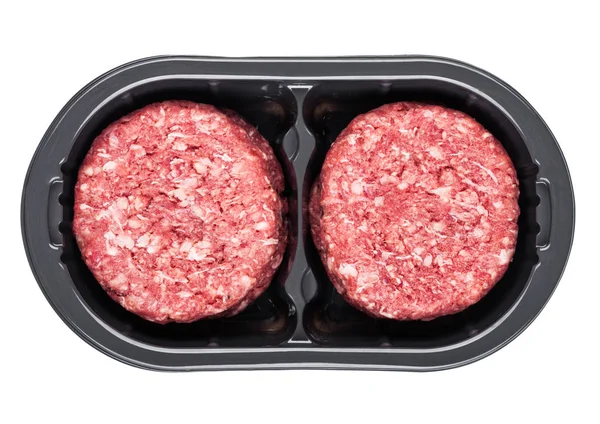Rohe Burger Mit Frischem Rindfleisch Plastiktablett Auf Weißem Hintergrund — Stockfoto