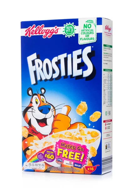 London June 2018 Box Kellogg Frosties Breakfast Cereal White Background — Stock Photo, Image