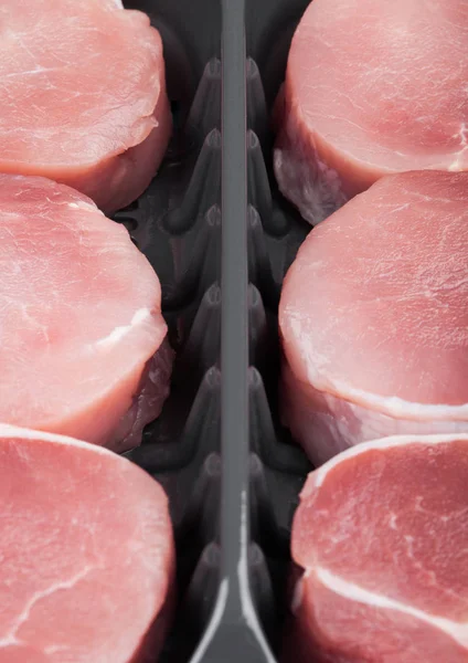 Raw Pork Steak Slices Plastic Tray Container White Stock Picture