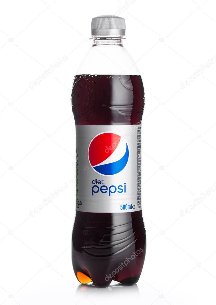 LONDON, UK - JUNE 02, 2018: Plastic bottle of Pepsi Cola Diet soft drink on white.American multinational food and beverage company