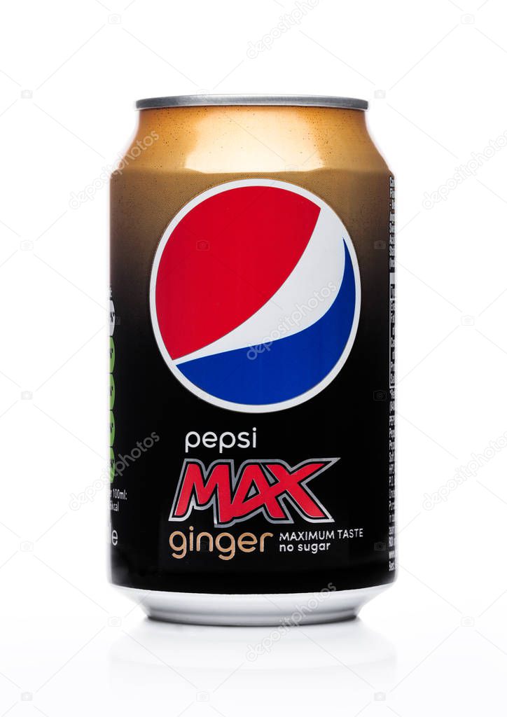 LONDON, UK - JUNE 02, 2018: Aluminium can of Pepsi Cola MAX with ginger soft drink on white.American multinational food and beverage company