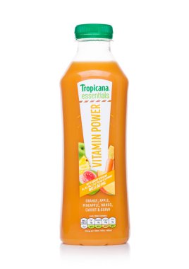 LONDON, UK - JUNE 23, 2018: Bottle of Tropicana Essentials Vitamin power on white background.Tropicana Products Inc. is an American fruit juice company. clipart