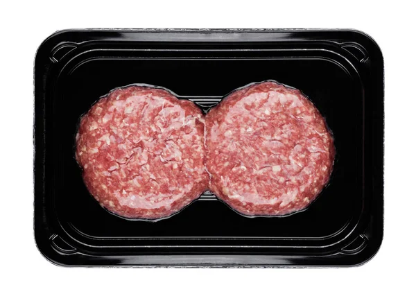 Raw Fresh Beef Burgers Plastic Tray White Background — Stock Photo, Image