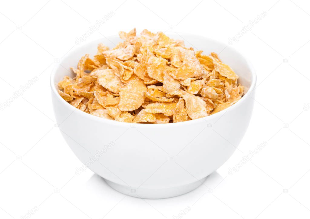 White bowl with natural organic granola cereal corn flakes on white