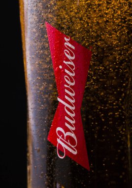 LONDON, UK - 27 Nisan 2018: Orijinal Budweiser bardağı çiy ve baloncuklarla dolu eski ahşap fıçının üzerinde, Amerikan birası ilk kez 1876 'da tanıtıldı..