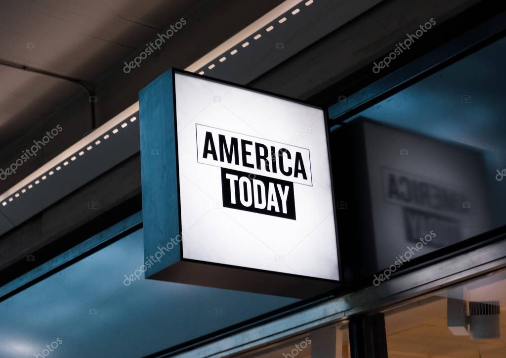 AMSTERDAM, NETHERLANDS - JULY 18, 2018: America today shop entrance in duty free airport shopping.