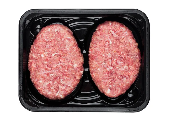 Raw Fresh Beef Venison Steak Plastic Tray White Background — Stock Photo, Image