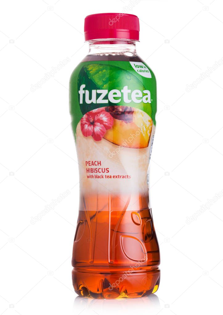 LONDON, UK - JULY 28, 2018: Plastic bottle of Fuzetea ice tea with peach flavour on white background.