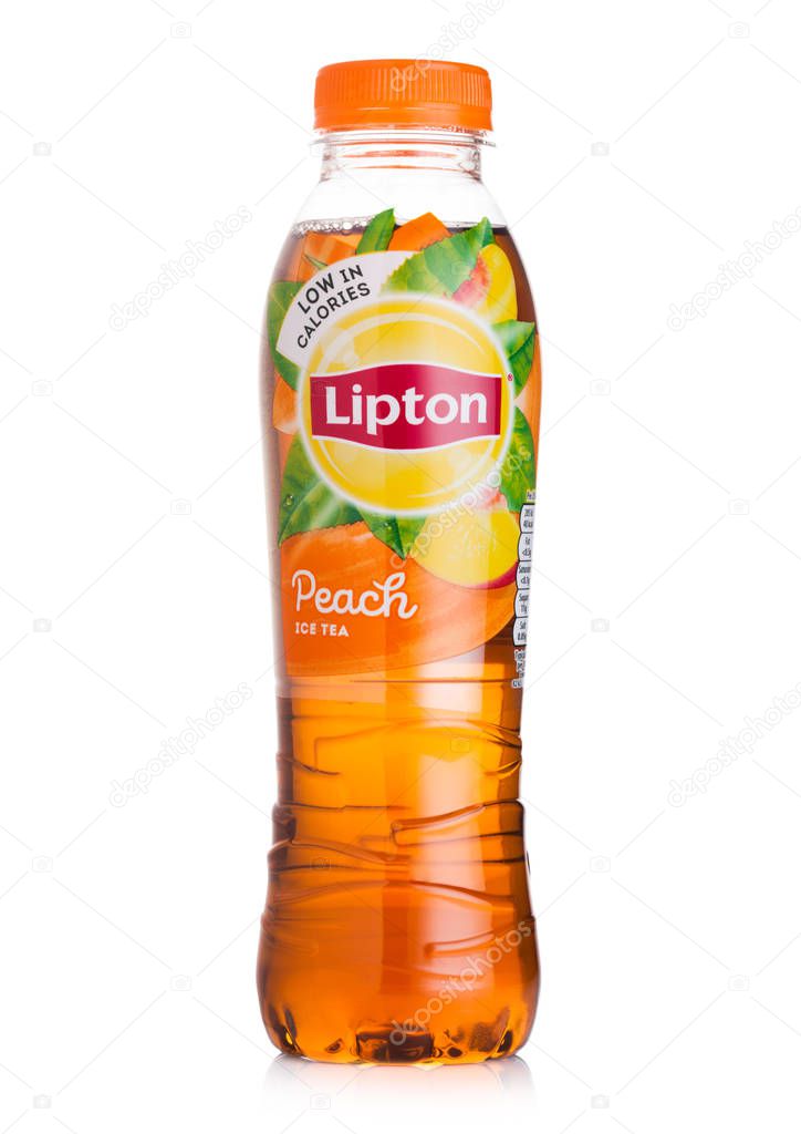 LONDON, UK - JULY 28, 2018: Plastic bottle of Lipton ice tea with peach flavour on white background.