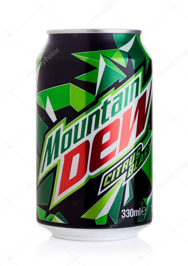 LONDON, UK - JULY 28, 2018: Aluminium tin of Mountain Dew drink on white background. Mountain Dew citrus-flavored soft drink produced by PepsiCo