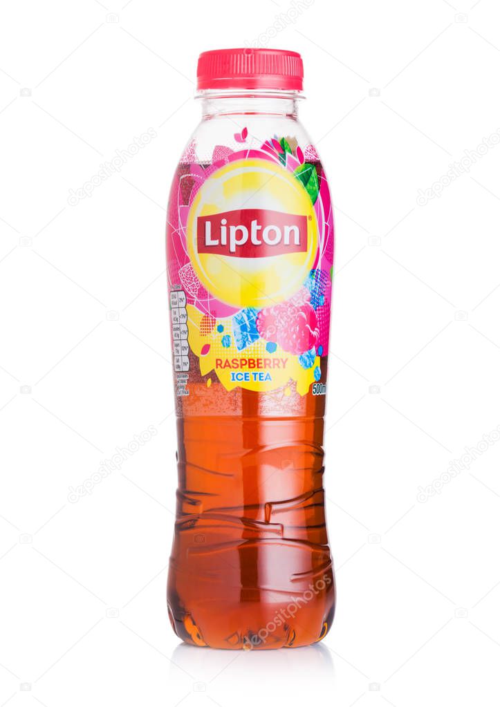LONDON, UK - JULY 28, 2018: Plastic bottle of Lipton ice tea with raspberry flavour on white background.