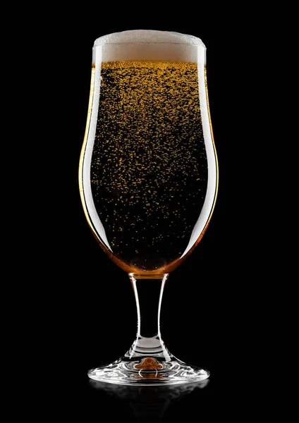 Cold Glass Lager Ale Craft Beer Foam Bubbles Black Background — Stock Photo, Image