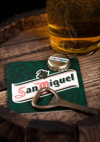 Londra Regno Unito Agosto 2018 Sottobicchiere Birra San Miguel Con — Foto Stock