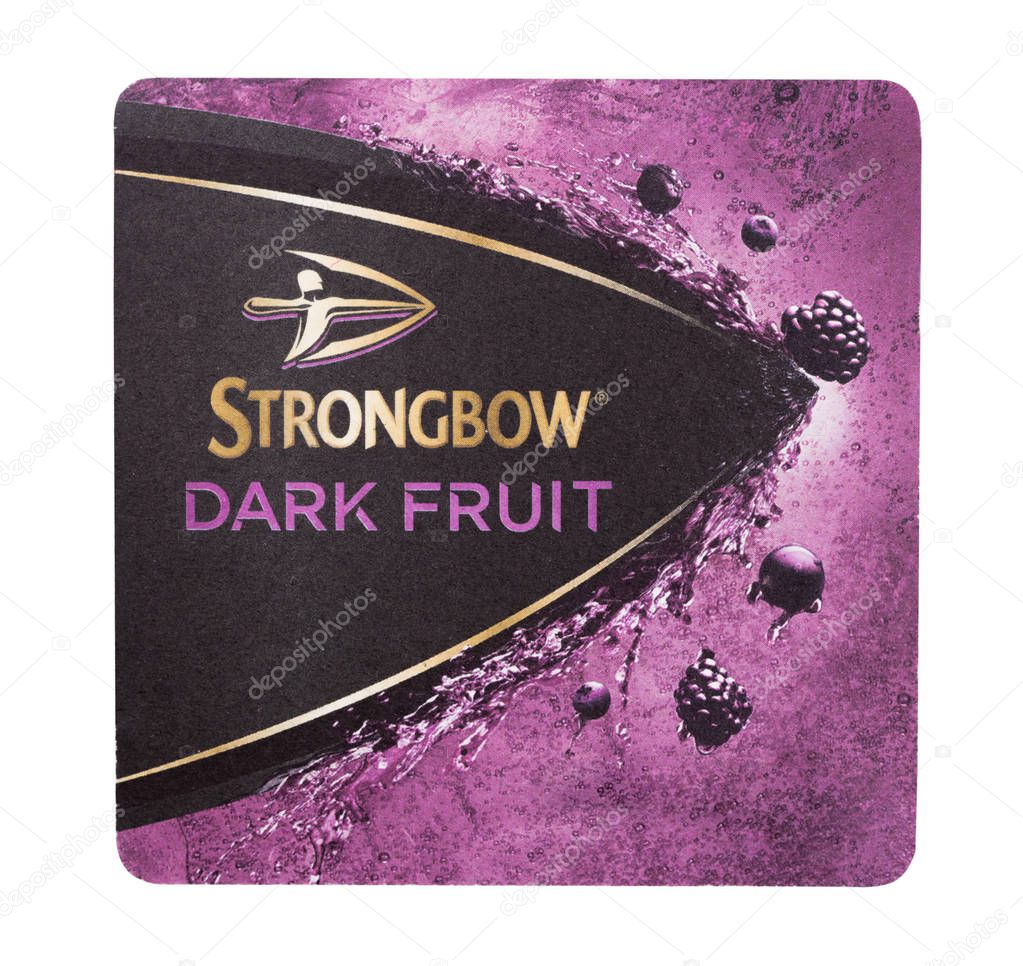 LONDON, UK - AUGUST 22, 2018: Strongbow cider paper beermat coaster isolated on white background.