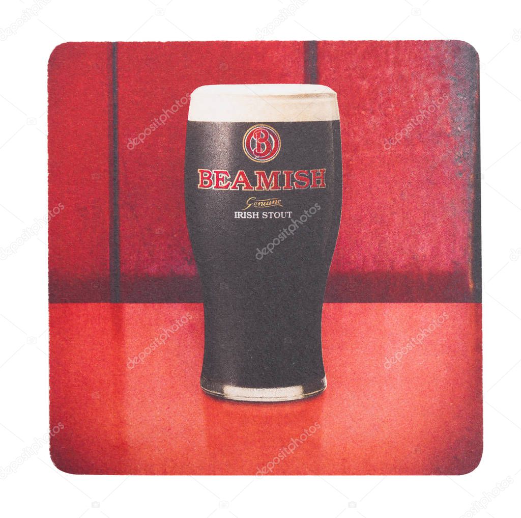 LONDON, UK - AUGUST 22, 2018: Beamish Irish Stout paper beer beermat coaster isolated on white background.