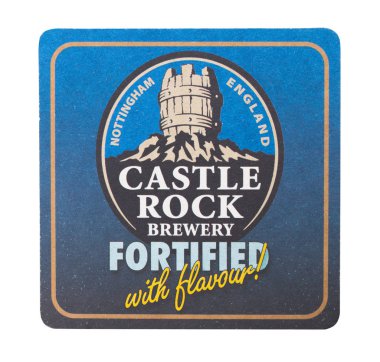 Londra, İngiltere - 22 Ağustos 2018: beyaz zemin üzerine izole Castle Rock kağıt bira beermat coaster.