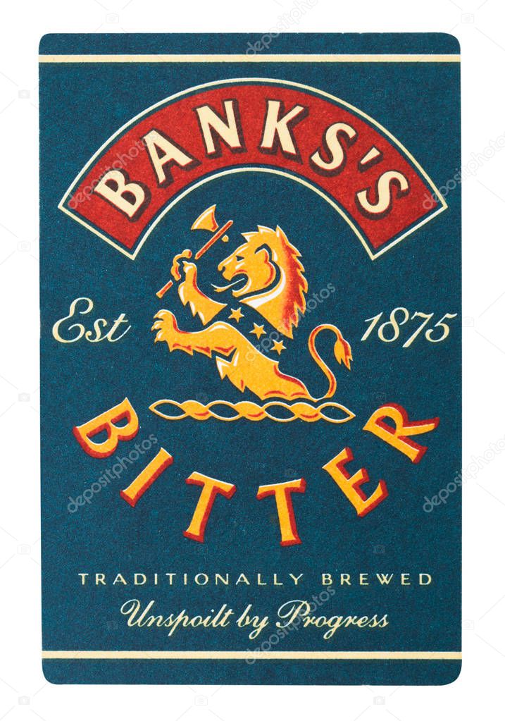 LONDON, UK - AUGUST 22, 2018: Banks's bitter paper beer beermat coaster isolated on white background.