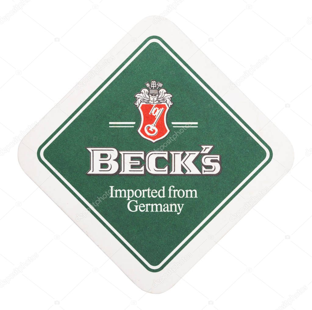 LONDON, UK - AUGUST 22, 2018: Becks Vintage lager paper beer beermat coaster isolated on white background.