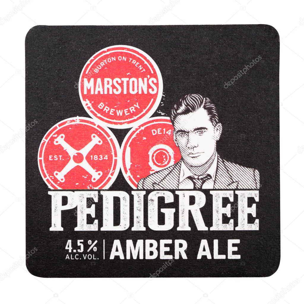 LONDON, UK - AUGUST 22, 2018: Pedigree Amber Ale paper beer beermat coaster isolated on white background.