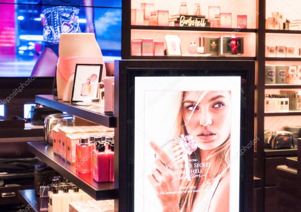 LONDON, UK - AUGUST 31, 2018: Victoria's Secret products on shelves in luxury fashion store.