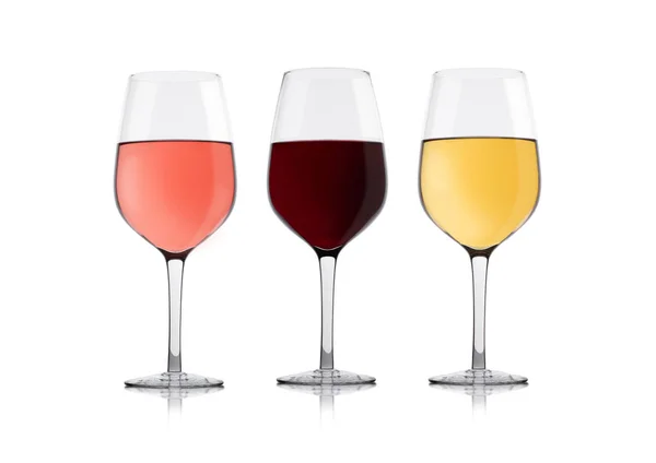 Elegant Glasses White Red Pink Rose Wine White Background — Stock Photo, Image