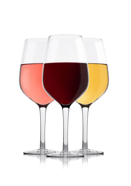 Elegante Glazen Witte Rode Roze Roos Wijn Witte Achtergrond — Stockfoto