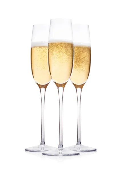 Elegant Glasses Yellow Champagne Bubbles White Background Reflection — Stock Photo, Image