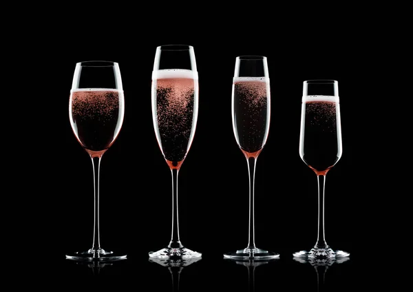 Rose Pink Champagne Glasses Bubbles Black Background Reflection — Stock Photo, Image