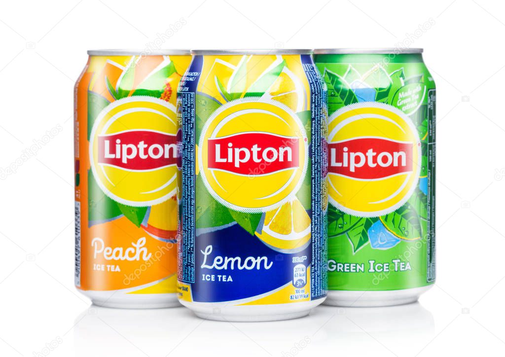 LONDON, UK - AUGUST 10, 2018: Aluminium cans of Lipton Ice Tea with lemon and peach flavour on white.